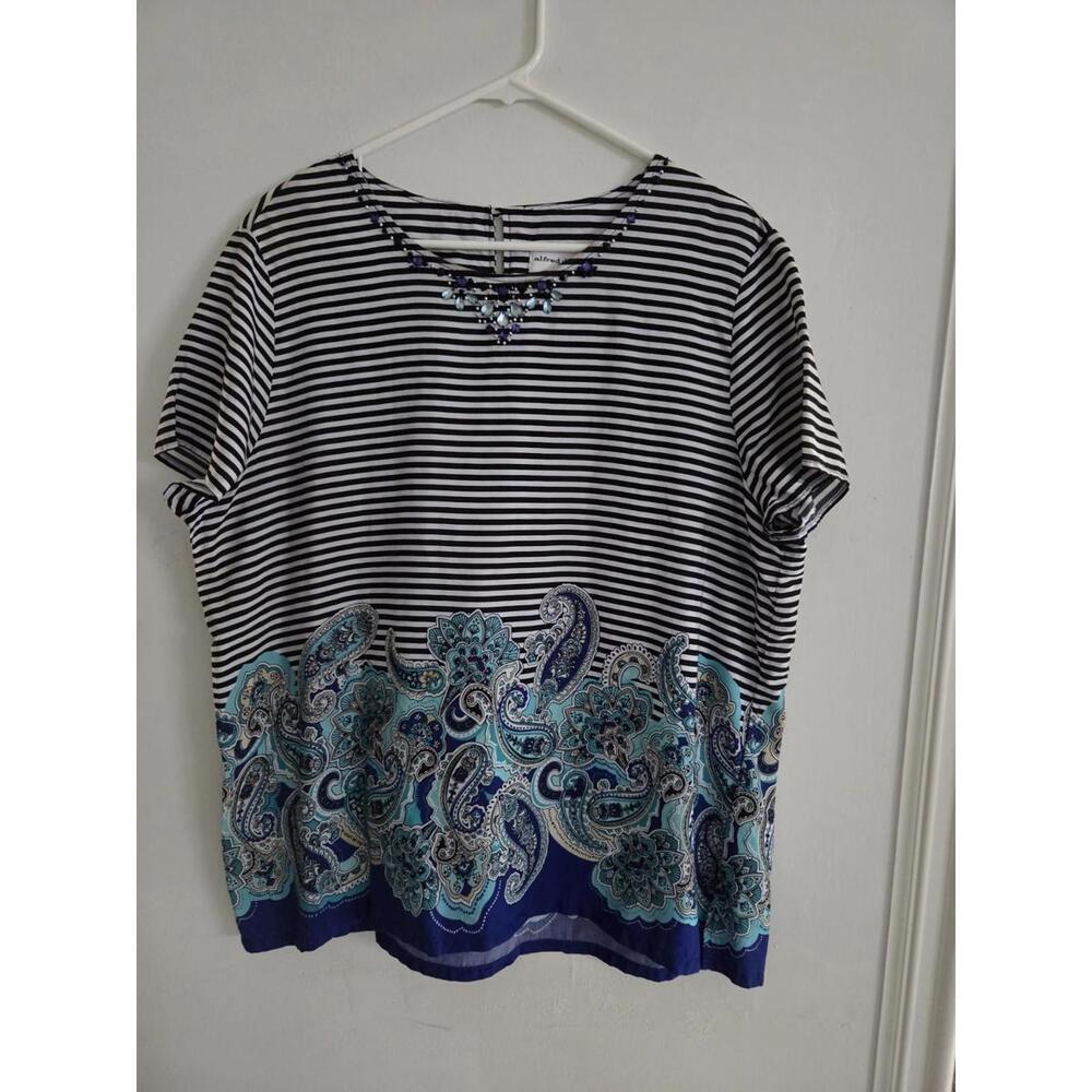 Alfred Dunner Women's Size 18 Blouse Black Blue White Paisley Stripe Beaded